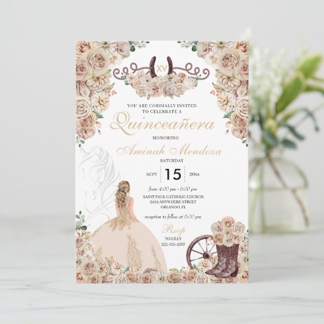 Guld Champagne Rustic Western Horse Quinceañera Inbjudningar (Stående Fram)