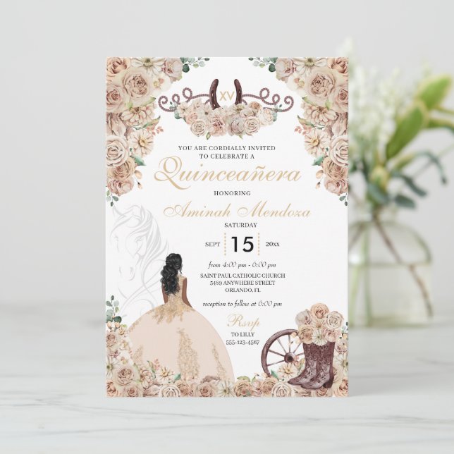 Guld Champagne Rustic Western Horse Quinceañera Inbjudningar (Stående Fram)