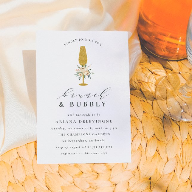 Guld Champagne Watercolor Blommigt Brunch & Bubly Meddelande (Skapare uppladdad)