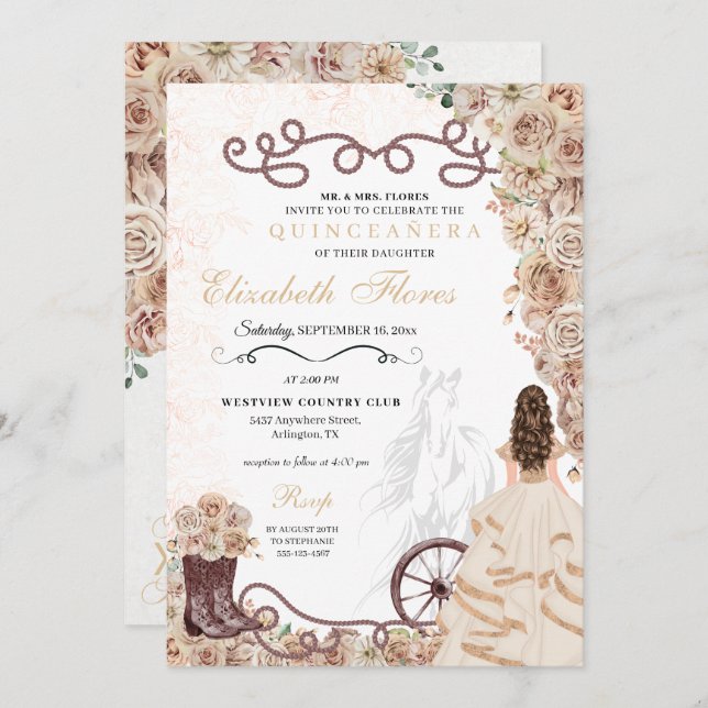 Guld Champagne Western Princess Charro Quinceañera Inbjudningar (Fram/baksida)