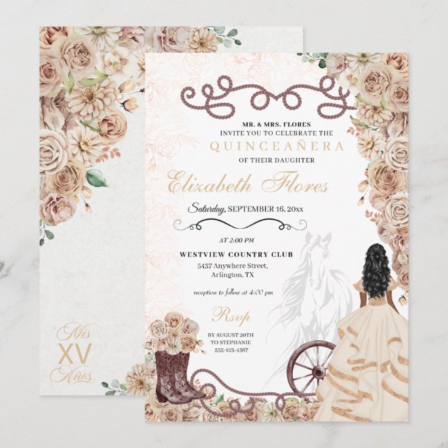 Guld Champagne Western Princess Charro Quinceañera Inbjudningar (Fram/baksida)