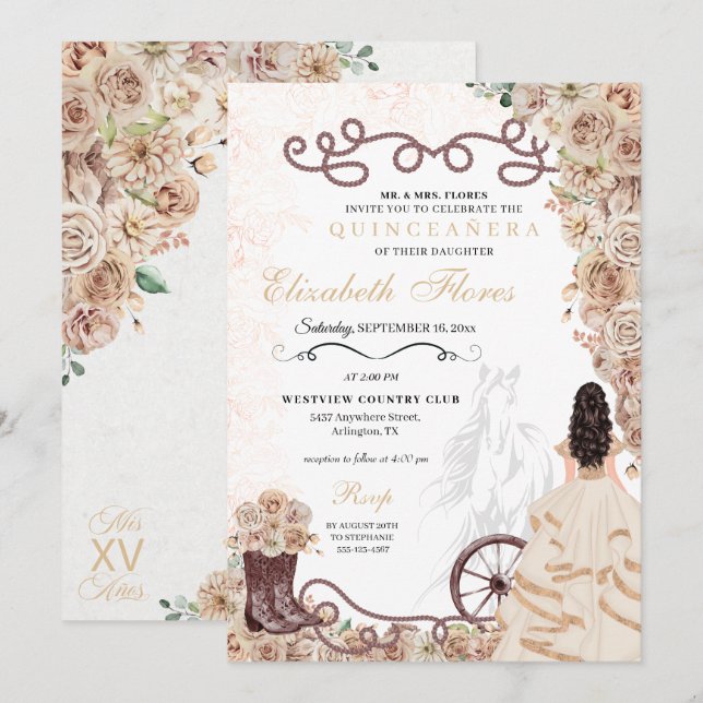 Guld Champagne Western Princess Charro Quinceañera Inbjudningar (Fram/baksida)