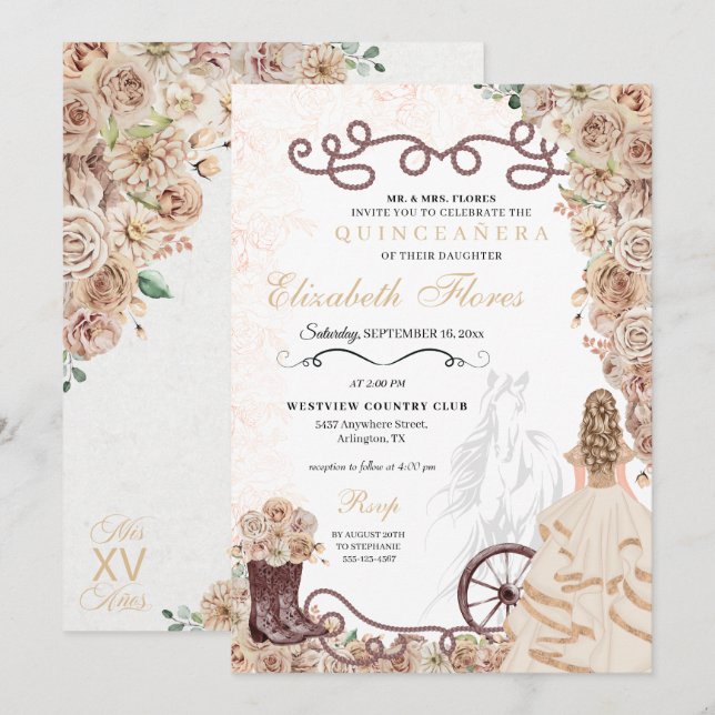 Guld Champagne Western Princess Charro Quinceañera Inbjudningar (Fram/baksida)