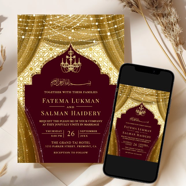 Guld Chandelier Curtain Burgundy Muslim Bröllop Inbjudningar (Skapare uppladdad)