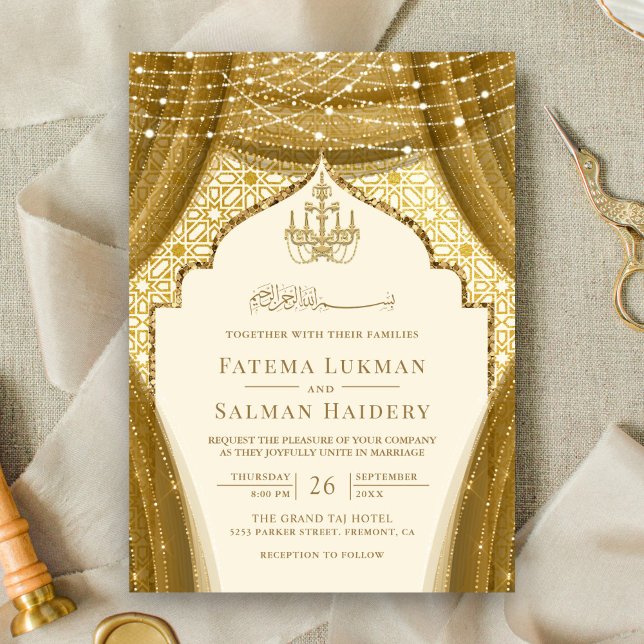 Guld Chandelier Curtain Cream Muslim Bröllop Inbjudningar (Skapare uppladdad)