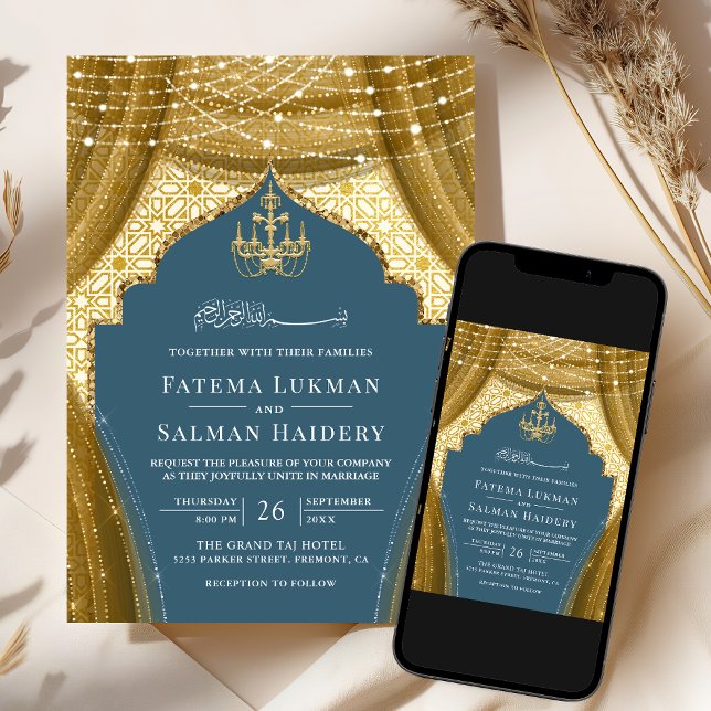 Guld Chandelier Curtain Dusty Blue Muslim Bröllop Inbjudningar (Skapare uppladdad)