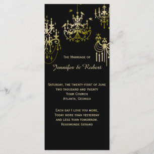 Guld Chandeliers on Black Posh Bröllopsprogram Program