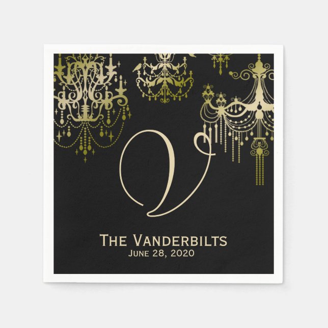 Guld-chandeliers på Black Posh Bröllop Napkins Pappersservett (Framsidan)