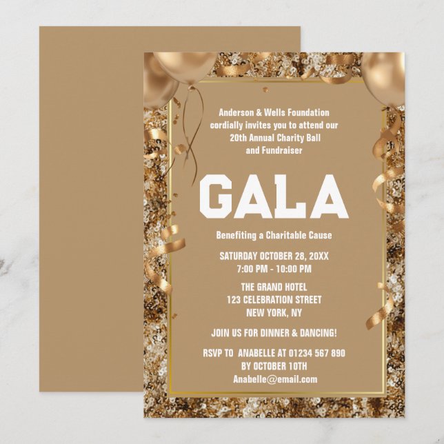 Guld Charity Boll Corporate Fundising Party Inbjudningar (Fram/baksida)