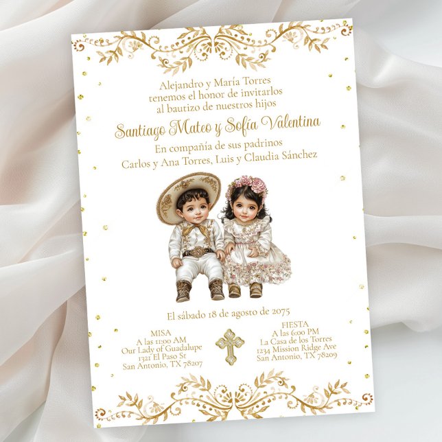 Guld Charro och Charra Twin Spansk Dopning Inbjudningar (Gold Charro and Charra baptism invitation. Simply add your event details. )