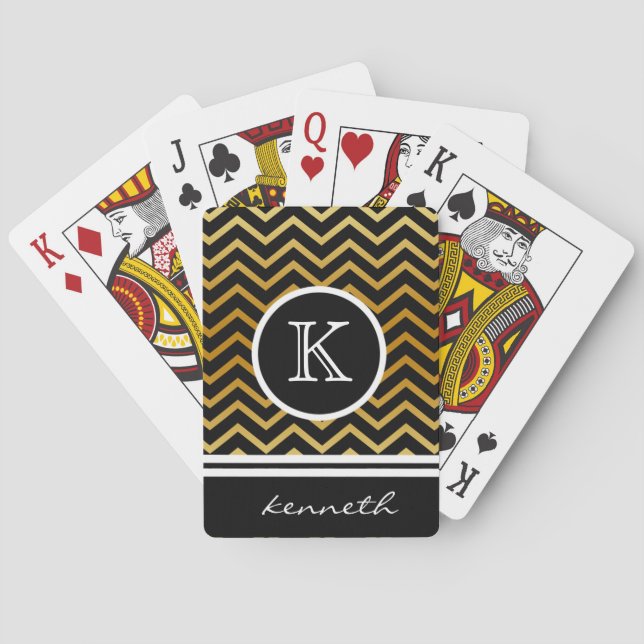 Guld Chevron Black Monogram Namn Anpassningsbar Kortlek (Baksidan)
