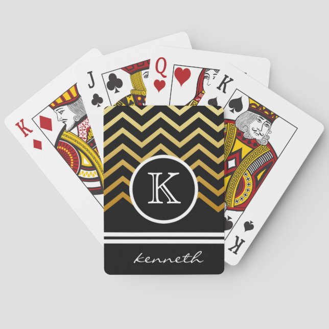 Guld Chevron Black Monogram Namn Anpassningsbar Spel Kort (Baksidan)