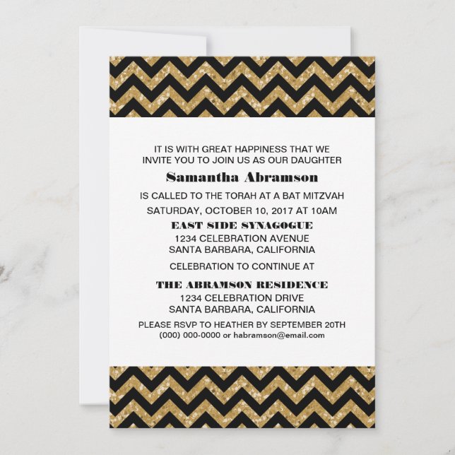 Guld Chevron Glitter Bat mitzvah Inbjudan (Framsida)