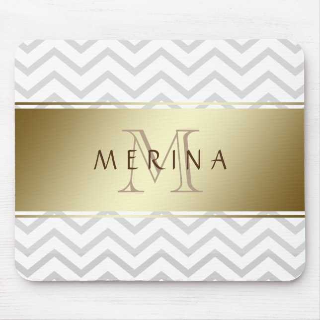Guld Chevron Grått Mönster Monogram Personalize Musmatta (Framsidan)