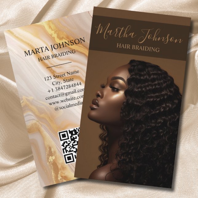 Guld Chic Afro American Braids Braiding QR Code Visitkort (Skapare uppladdad)