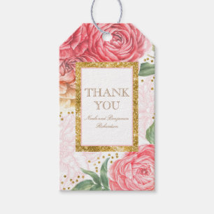 Guld- chic konfetti- och rosavattenfärgblommor presentetikett