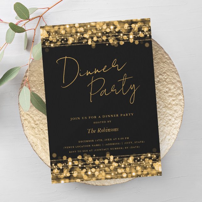 Guld Chic Lights Script Middagsparty Svart Inbjudningar (Gold Chic Lights Script Dinner Party Black Invitation)