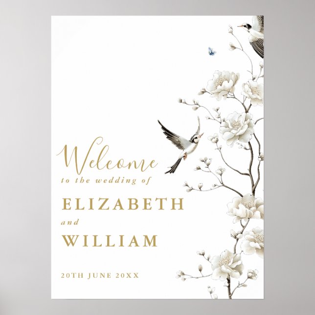 Guld Chinoiserie Blommigt Bröllop Välkomsttecken Poster (Framsidan)