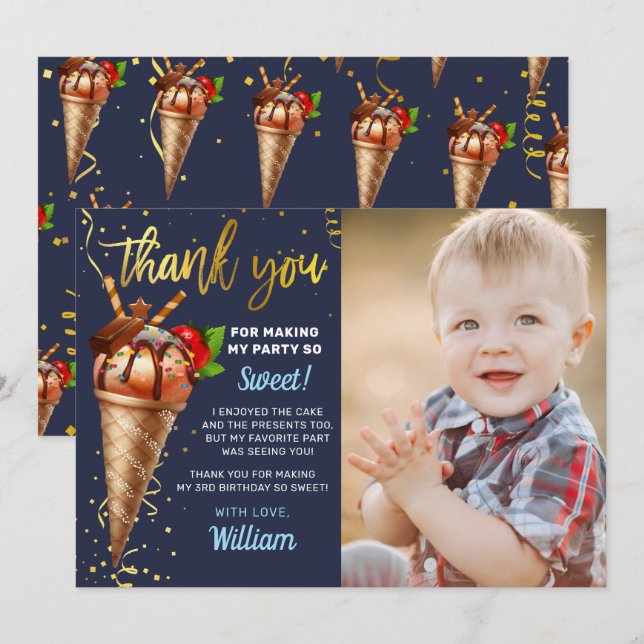Guld Chocolate Ice Cream Birthday Navy Blue Photo Tack Kort (Fram/baksida)