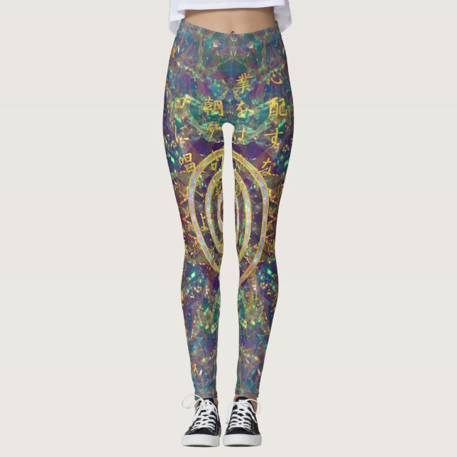 Guld- Choku Rei symbol och Reiki Precepts Leggings (Framsida)