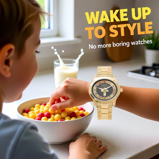 Guld Christian Crucifix Kor med roligt ordspråk Armbandsur (Skapare uppladdad)