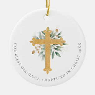 Guld Christian Kor Greenery Photo Baptism Gift Julgransprydnad Keramik