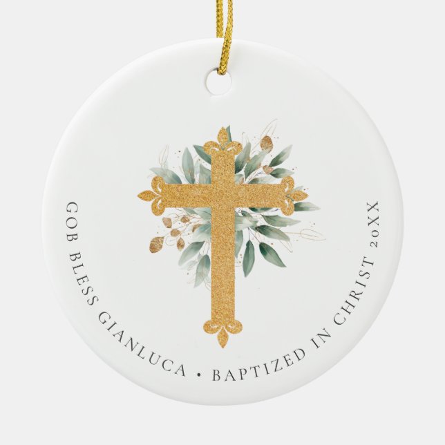 Guld Christian Kor Greenery Photo Baptism Gift Julgransprydnad Keramik (Framsidan)