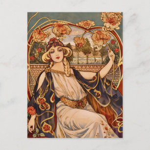 Guld Chrysanthemum Muse – Art Nouveau Blommig Vykort