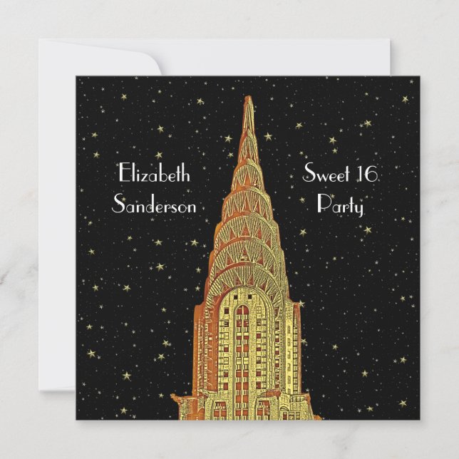 Guld Chrysler Bldg Skyline #2 Starry Sweet 16 SQ Inbjudningar (Framsida)
