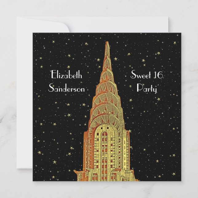 Guld Chrysler Bldg Skyline #2 Stjärnig Sweet 16 SQ Inbjudningar (Framsida)