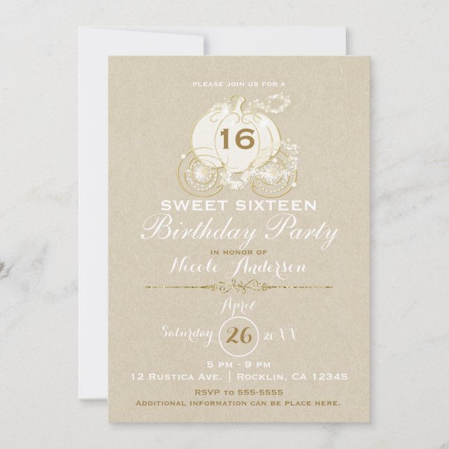 Guld Cinderella Carriage Kraft Sweet 16 Birthday Inbjudningar (Framsida)