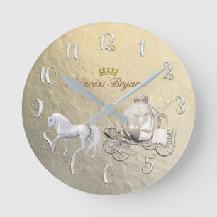 Guld- Cinderella Princess Vagn & Rund Klocka