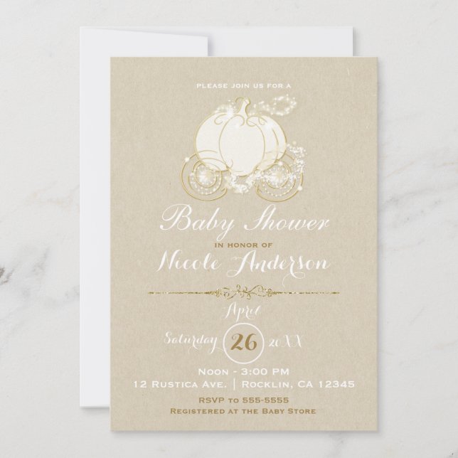 Guld Cinderella vagn Kraft Modern Baby Shower Inbjudningar (Framsida)