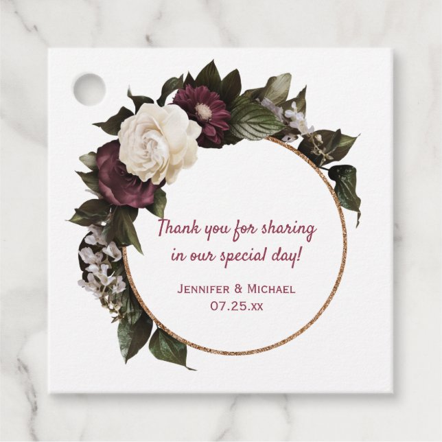 Guld Circle Burgundy och  Rosa Blommigt Utandning Gåvor Etiketter (Framsida)