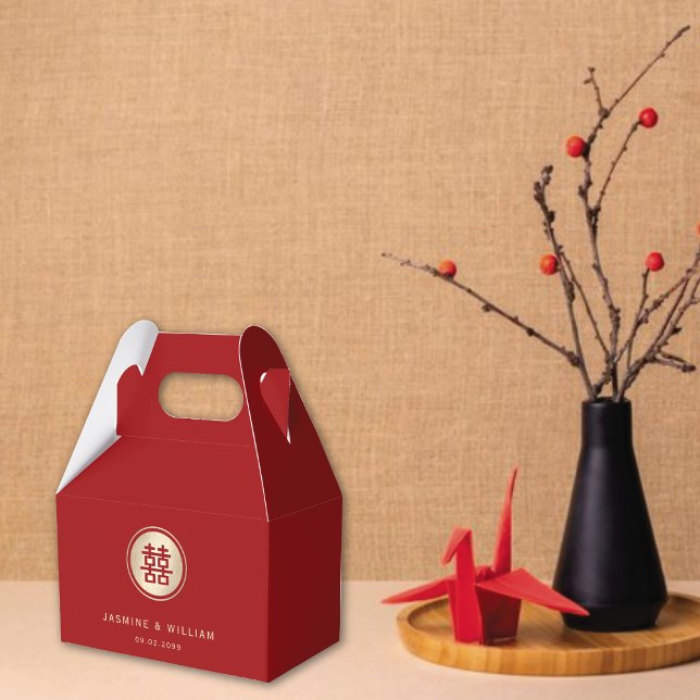 Guld Circle Dubbla Happity Chic China Bröllop Presentaskar (Red/Gold Classic Circle Double Happiness Chinese Wedding Party Favor Box @ fatfatin_red_knot)