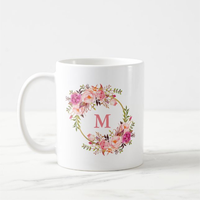 Guld Circle Monogram för vattenfärgen Rosa Blommig Kaffemugg (Vänster)
