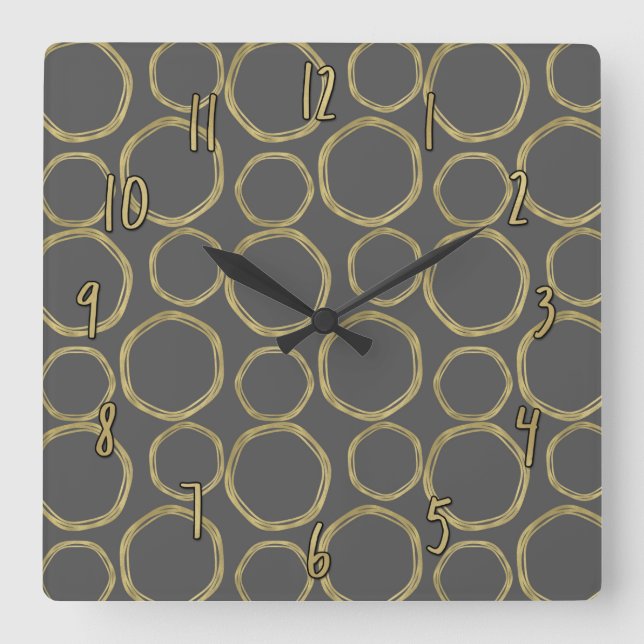 Guld Circles & Grått Modern Trendig Chic Fyrkantig Klocka (Framsida)