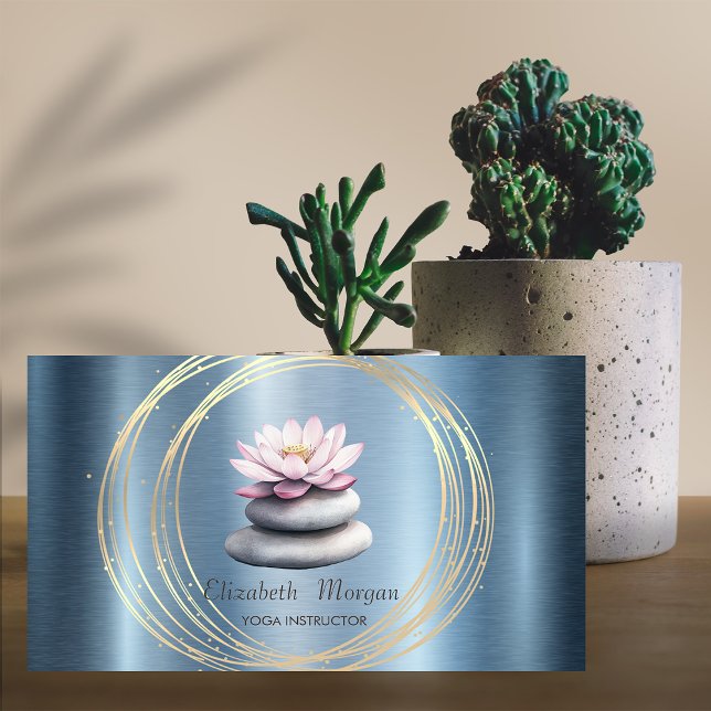 Guld Circles Lotus Blue Zen Stones Metallic Visitkort (Skapare uppladdad)