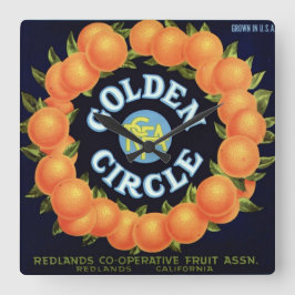 Guld- cirkla brännmärker orangar lådaetiketten fyrkantig klocka