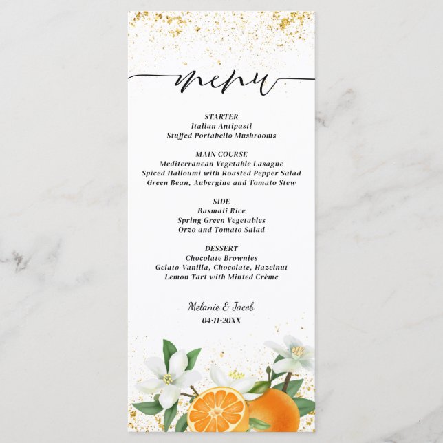 Guld Citrus Orange Skrift Blommig Bröllop Meny (Framsida)