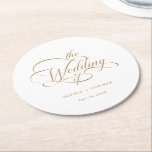 Guld Classy Calligraphy Bröllop Underlägg Papper Rund<br><div class="desc">Enkel papper underlägg i guld och vitt bröllop har elegant,  romantisk kalligrafisk text med text. Om du vill ha en mer avancerad anpassning av den här designen klickar du på BLUE DESIGN VERKTYG ovan!</div>