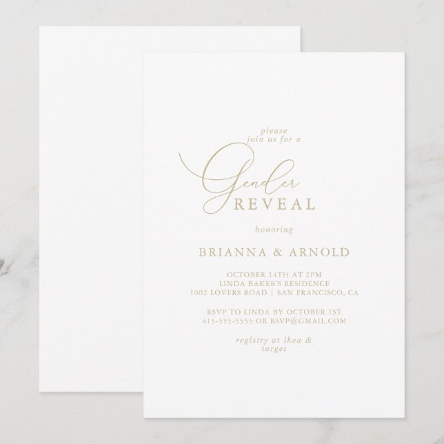 Guld Classy Chic Minimalist Gender Reveal Party Inbjudningar (Fram/baksida)