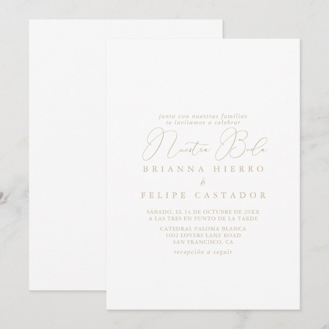 Guld Classy Chic minimalist Nuestra Boda Bröllop Inbjudningar (Fram/baksida)