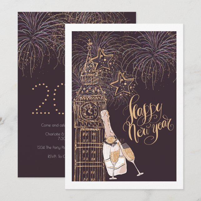 Guld Clock Gott nytt år Inbjudningar (Fram/baksida)