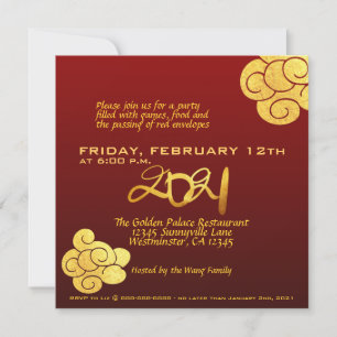 Guld Clouds Ox papper-cut Chinese New Year 2021 sq Inbjudningar