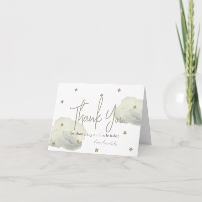 Guld Clouds & Stars Watercolor Baby Shower Tack Kort (Framsida)