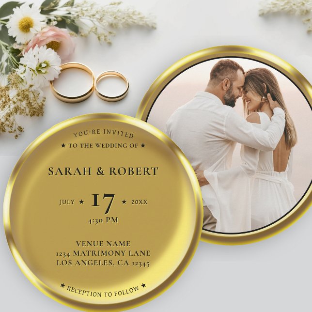 Guld Coin Elegant Photo Bröllop Inbjudningar (Gold Coin Elegant Photo Round Wedding Invitation)