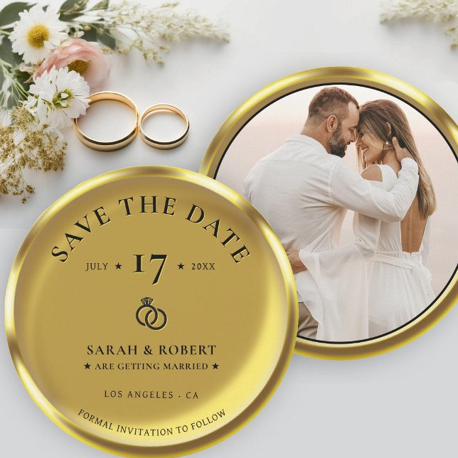Guld Coin Elegant Photo Bröllop Spara Datumet (Gold Coin Elegant Photo Wedding Save The Date)
