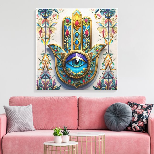 Guld Colorful Filigree Blue-Grönt Tredje Öga Hamsa Canvastryck (Insitu (Vardagsrum))