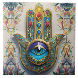 Guld Colorful Filigree Blue-Grönt Tredje Öga Hamsa Kakelplatta